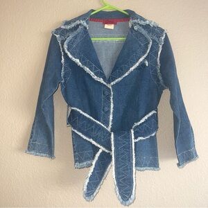 Carina Cotton Frayed Snap Up Belted Jean Jacket Sz S